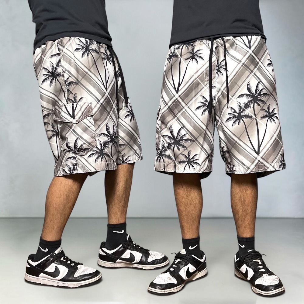 Sonoma Plaid Palm Tree Board Shorts Swim Trunks Cargo Pocket Tan Gray Size Large